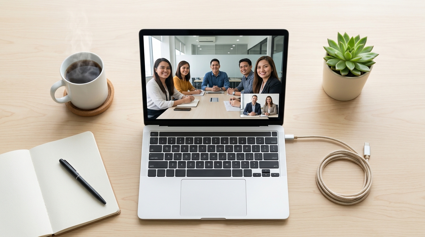 אנשי עסקים ישראלים מנהלים שיחת וידאו עם צוות BPO ועובדים וירטואליים