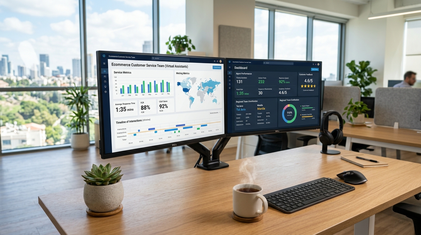 לוח בקרה (Dashboard) המציג נתוני שירות לקוחות באיקומרס, כולל מדדי זמני תגובה ושביעות רצון לקוחות