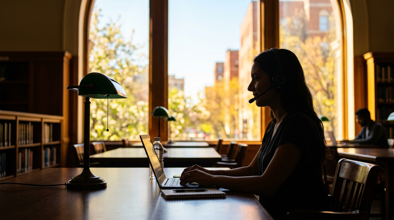 נציגת שירות לקוחות לאיקומרס עובדת מרחוק עם אוזניות ומחשב נייד