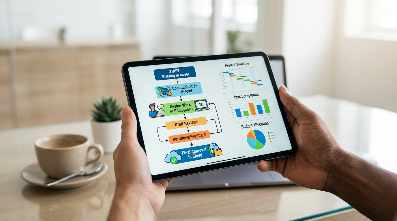 תרשים זרימה המראה את תהליך העבודה מול מעצב גרפי מרחוק, מהעברת הבריף בישראל, דרך עבודת העיצוב בפיליפינים ועד לאישור התוצרים בענן