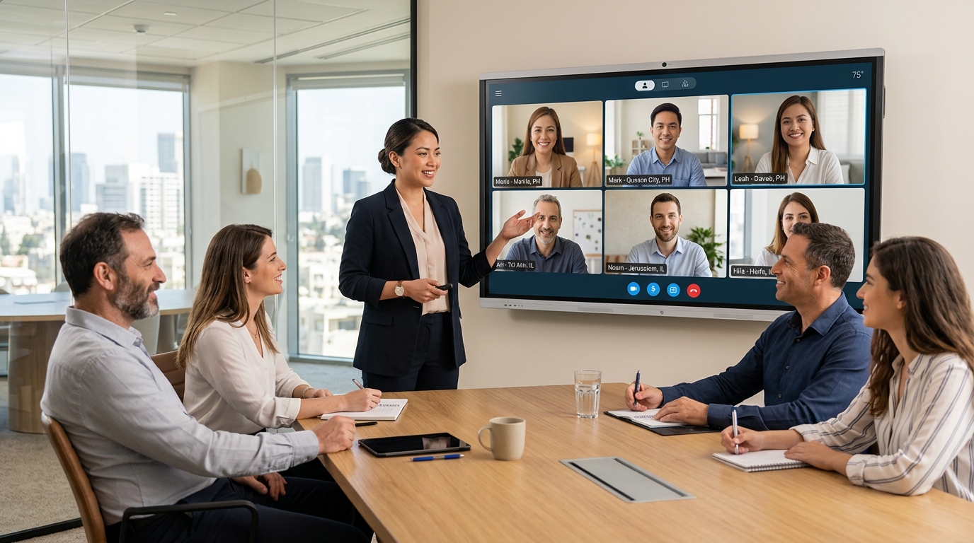 צוות של רואי חשבון וירטואליים מקצועיים מהפיליפינים בפגישת וידאו עם צוות הנהלה ישראלי