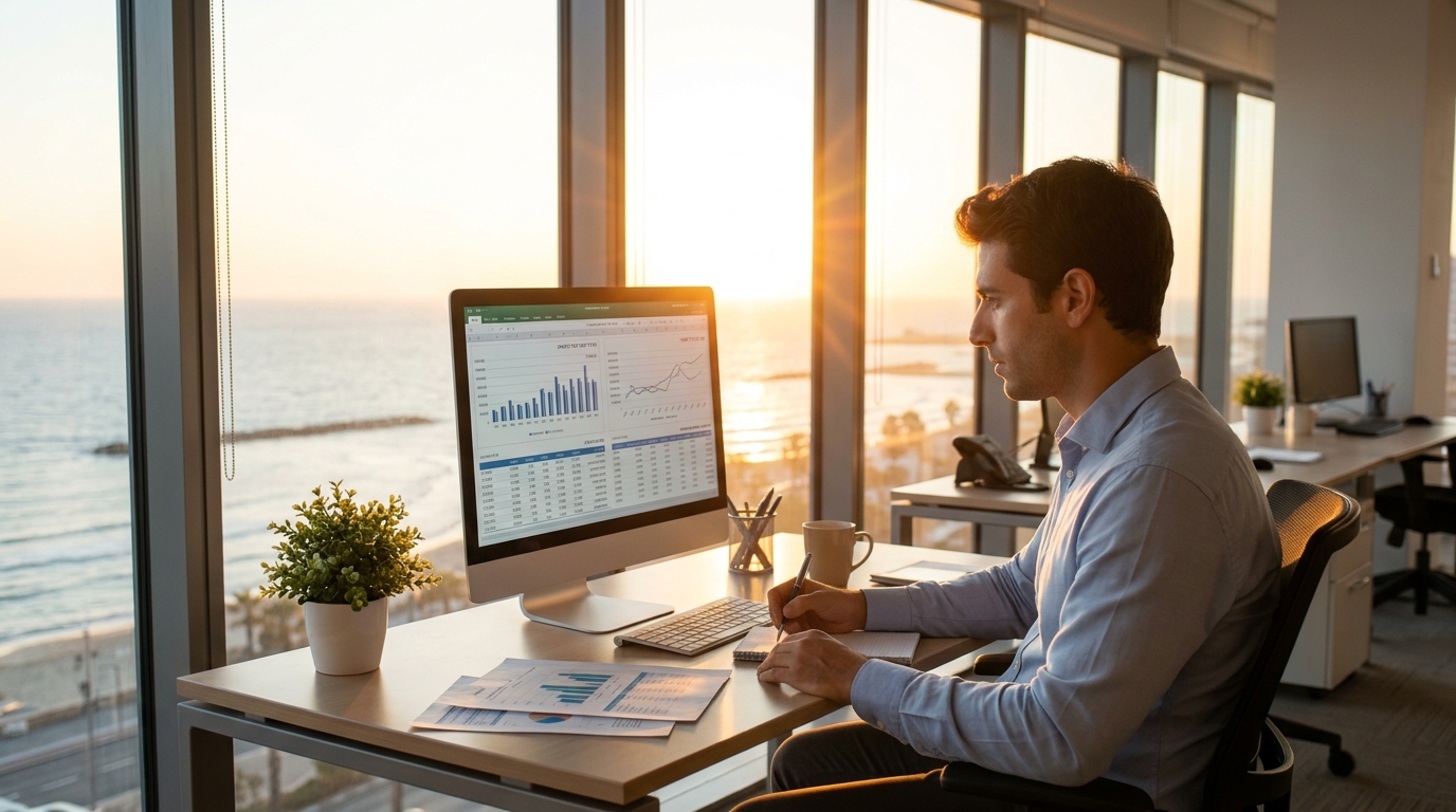 רואה חשבון מנתח נתונים פיננסיים על מסך מחשב במסגרת עבודה מרחוק