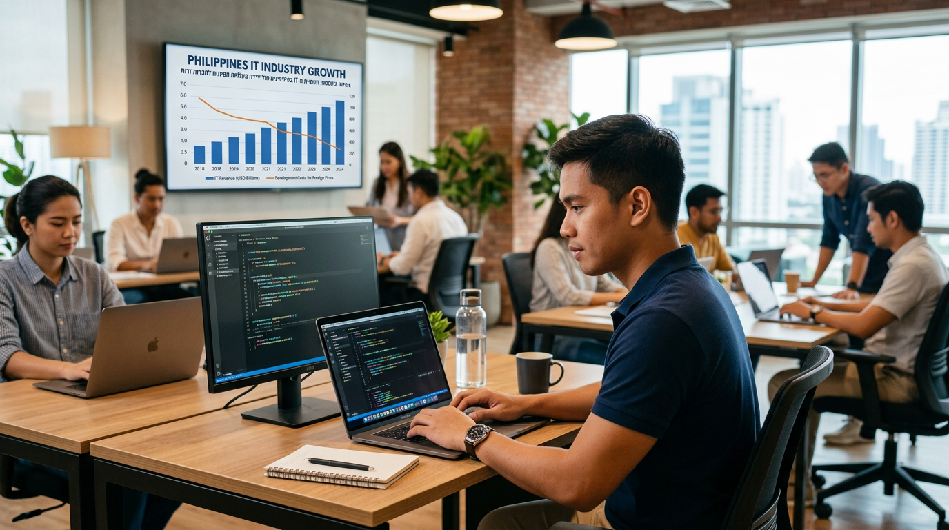 גרף המציג את הצמיחה בהכנסות תעשיית ה-IT בפיליפינים מול ירידה בעלויות הפיתוח לחברות זרות