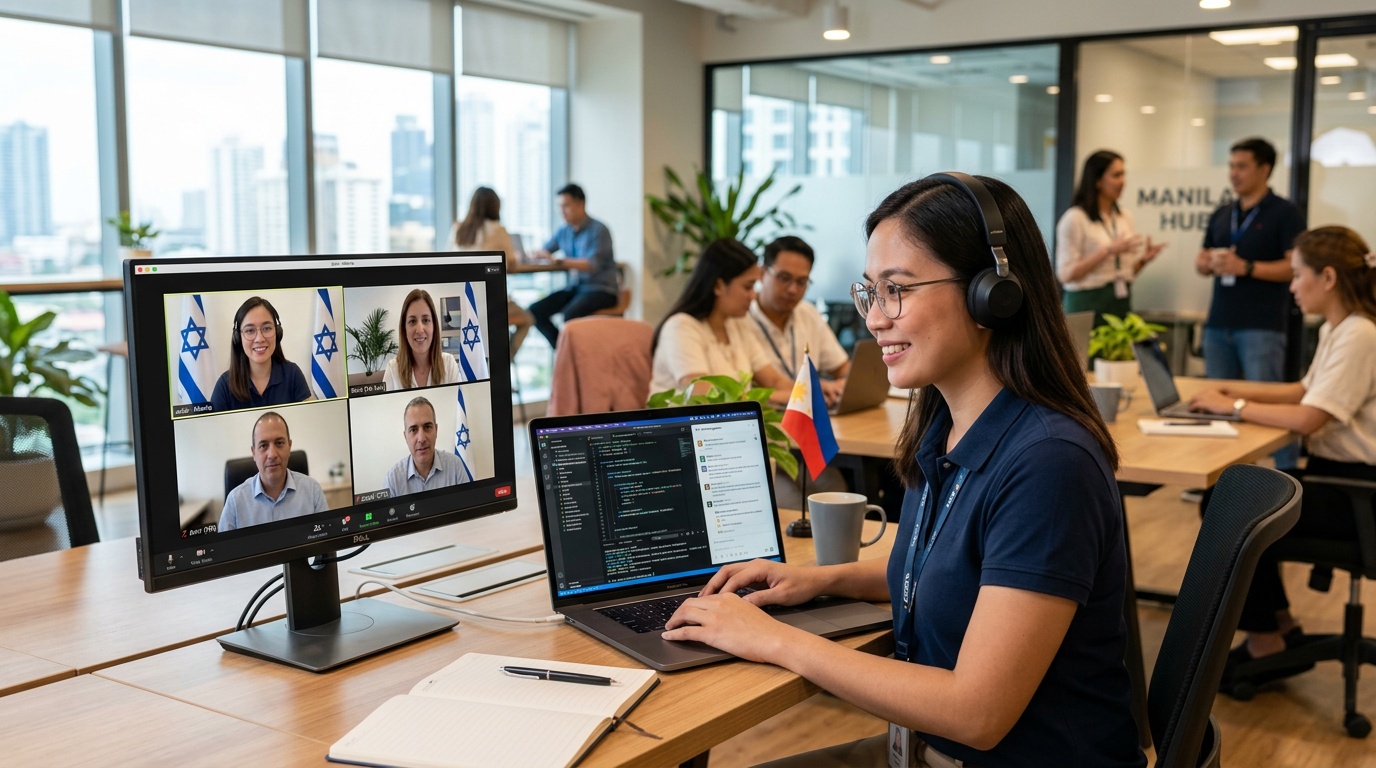 מפתחי תוכנה בשיחת זום או סלאק עם צוות הנהלה ישראלי, ממחישים שילוב אורגני של העובד הוירטואלי