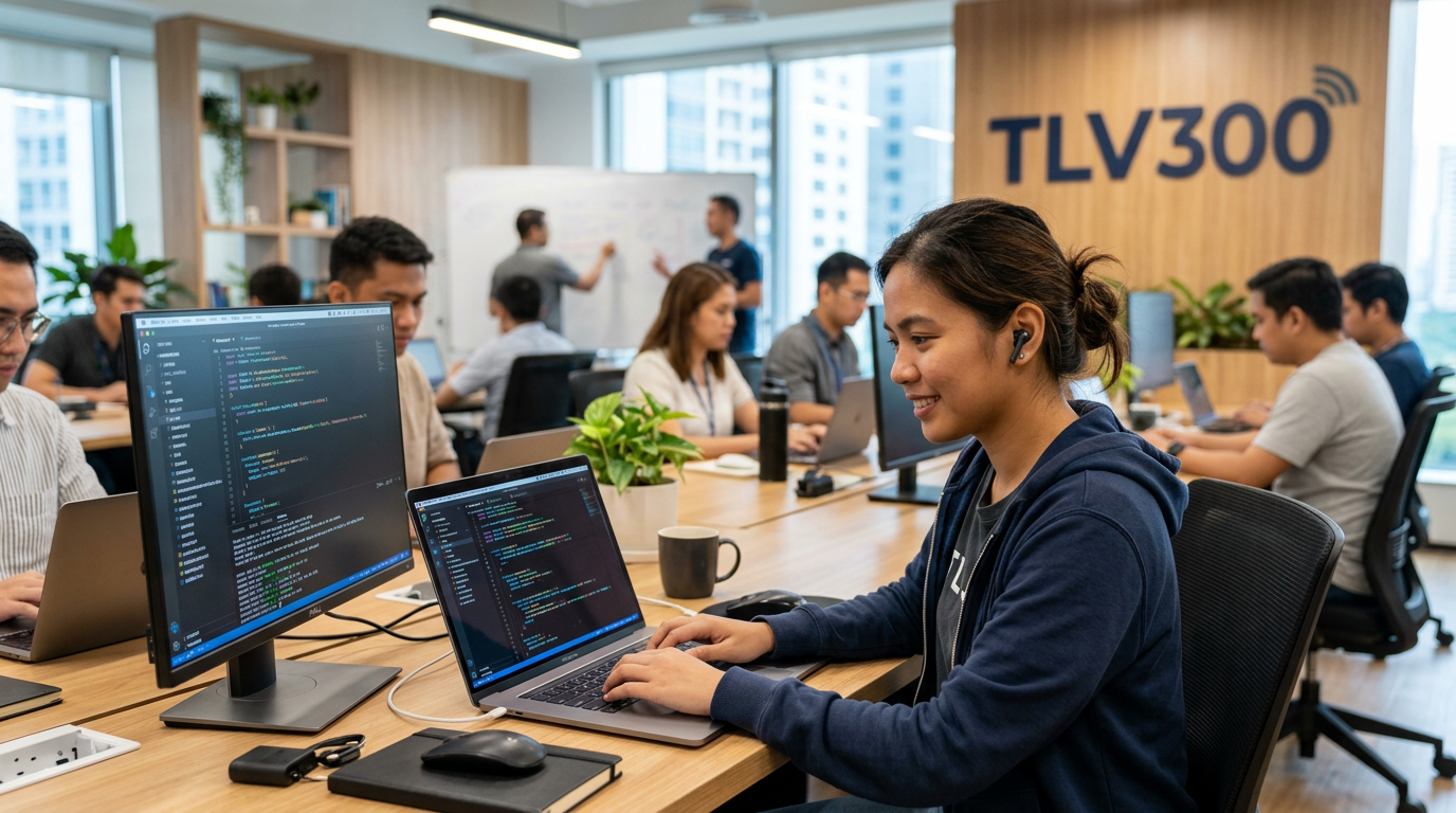 לוגו של TLV300 על רקע סביבת עבודה טכנולוגית, המסמל חיבור בין חברות ישראליות לטאלנטים בפיליפינים