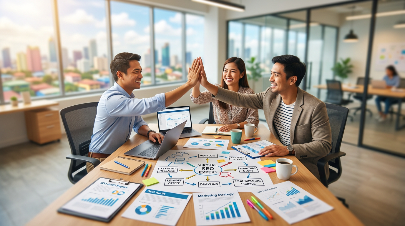 תרשים המציג את תהליך העבודה של מומחה קידום אתרים וירטואלי, ממחקר מילות מפתח ועד בניית פרופיל קישורים