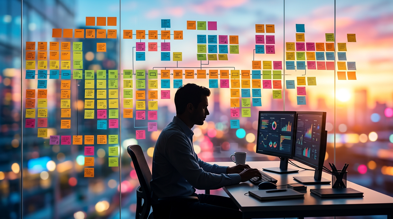 מומחה SEO במיקור חוץ עובד על אופטימיזציה למנועי חיפוש מול מסכי מחשב