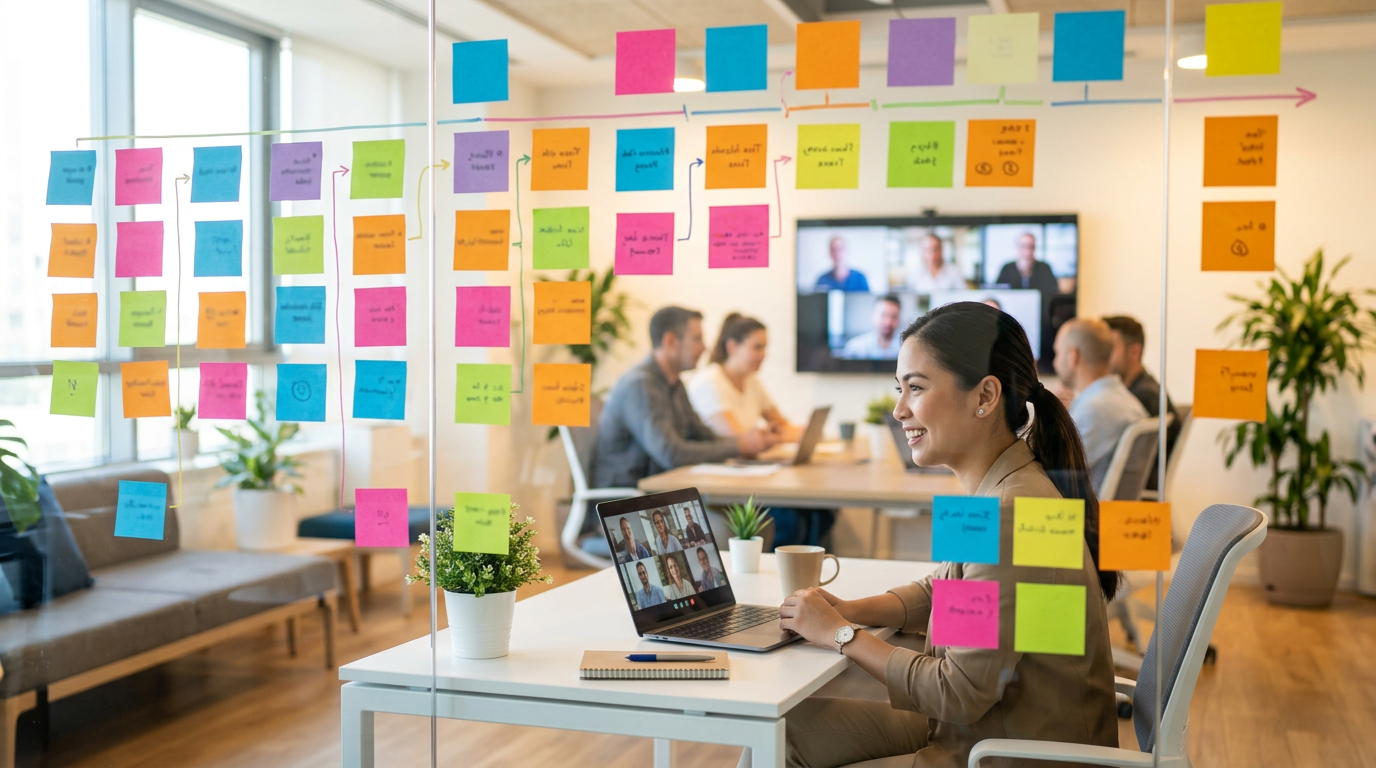 עובדת וירטואלית מהפיליפינים עובדת על מחשב נייד בשיחת וידאו עם צוות ישראלי