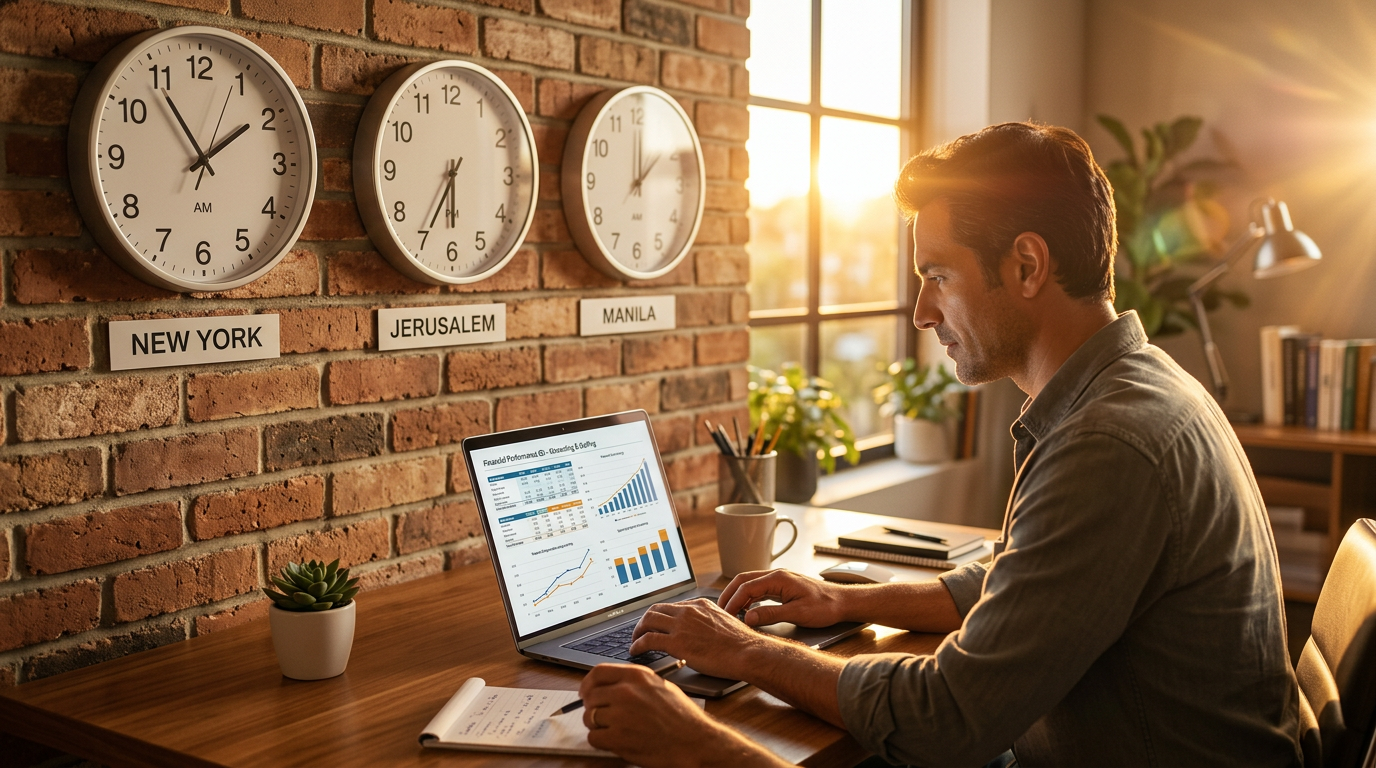 אדם עובד על מחשב נייד עם טבלאות פיננסיות וגרפים של צמיחה מול ירידה בהוצאות