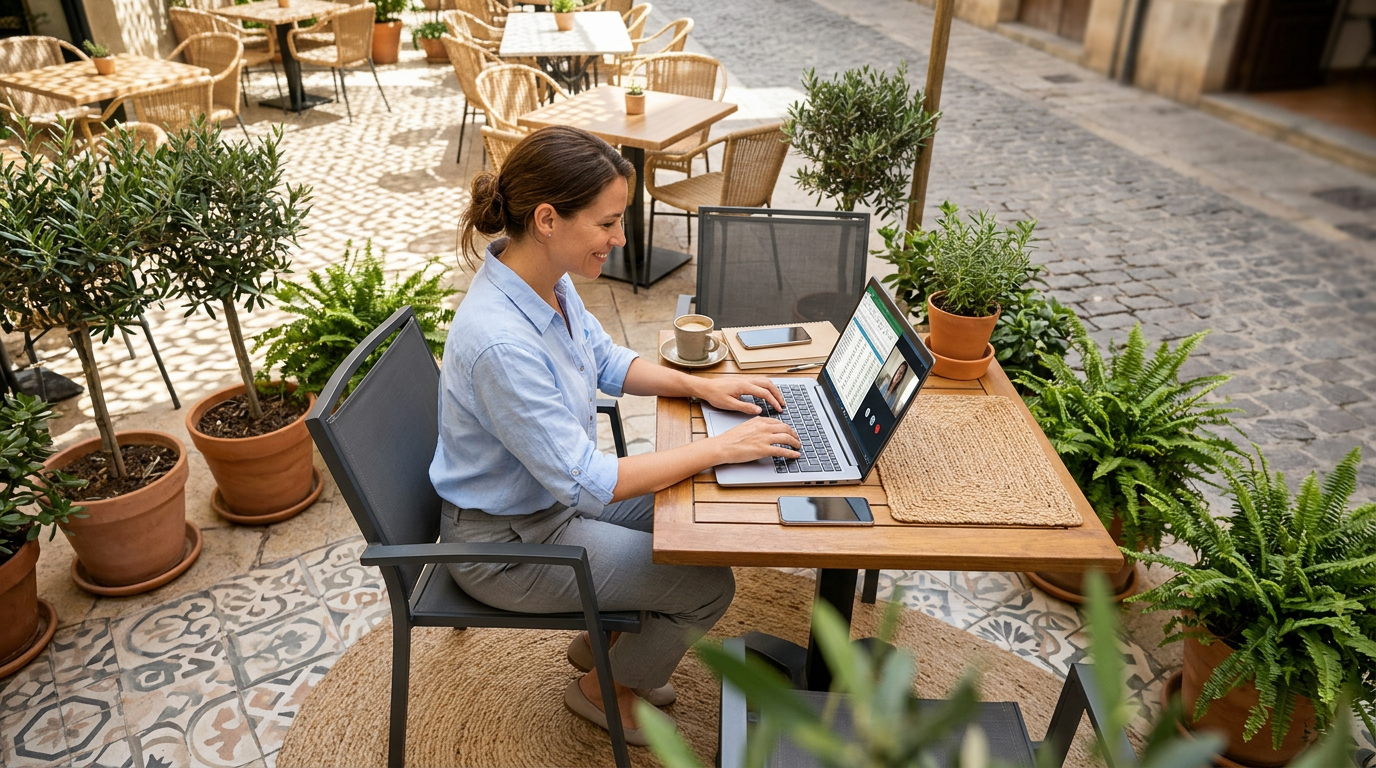 פגישת וידאו עם מנהלת חשבונות וירטואלית שמציגה דוחות פיננסיים על מסך מפוצל