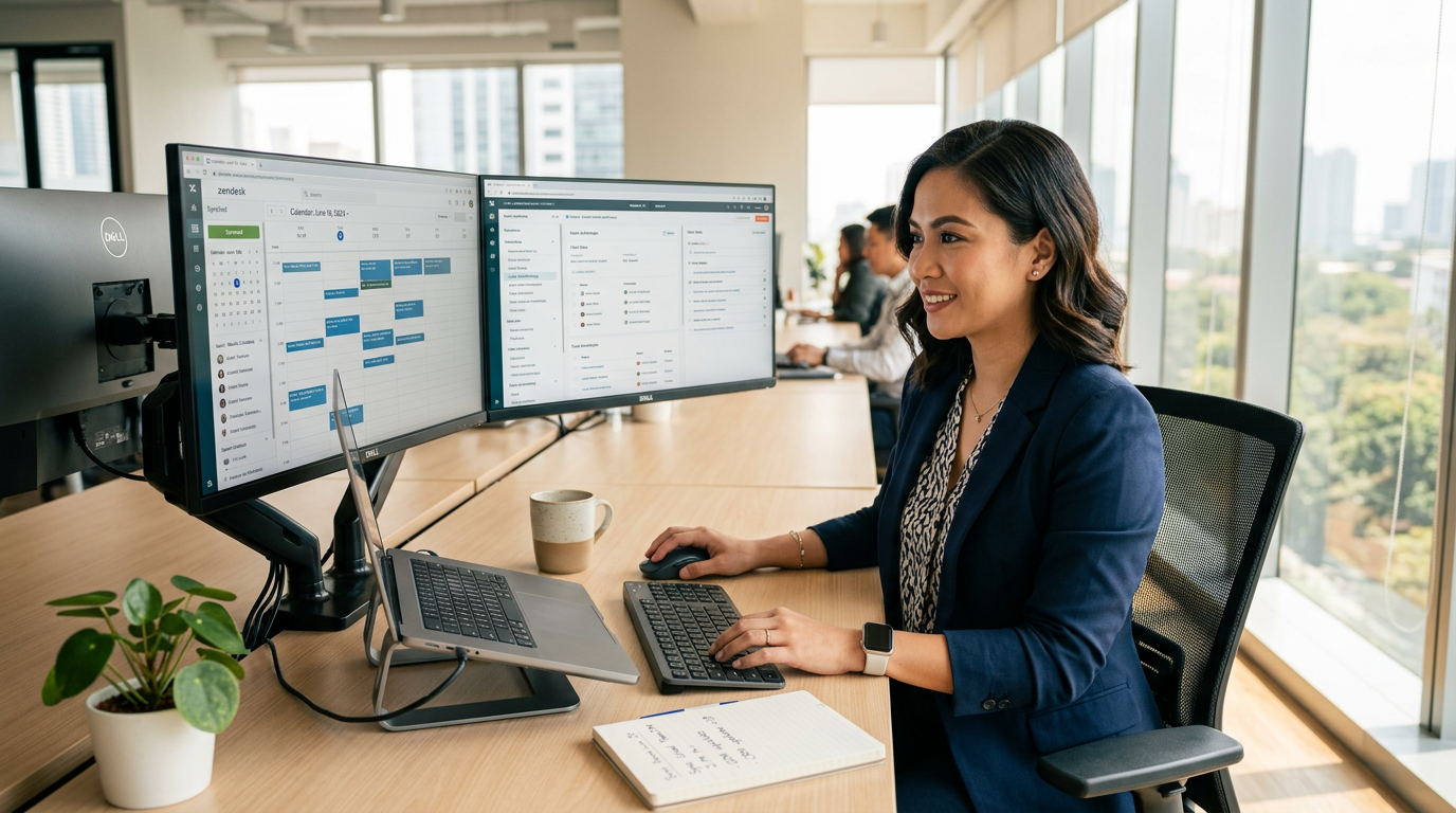 המחשה של סנכרון יומנים בין צוות בישראל לבין עוזרת וירטואלית בפיליפינים המשתמשת במערכות CRM מתקדמות