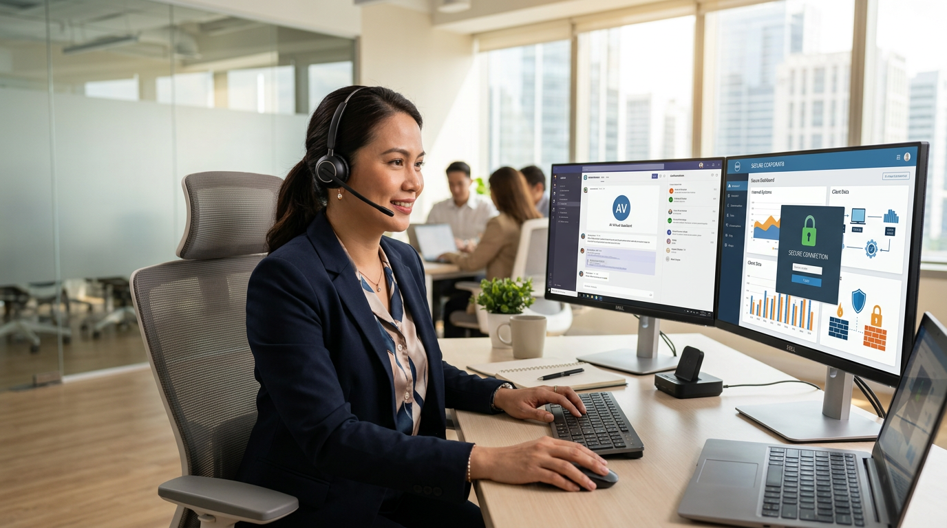 איור המדגים חיבור מאובטח של עוזרת וירטואלית למערכות הארגון תחת תקני אבטחת מידע קפדניים