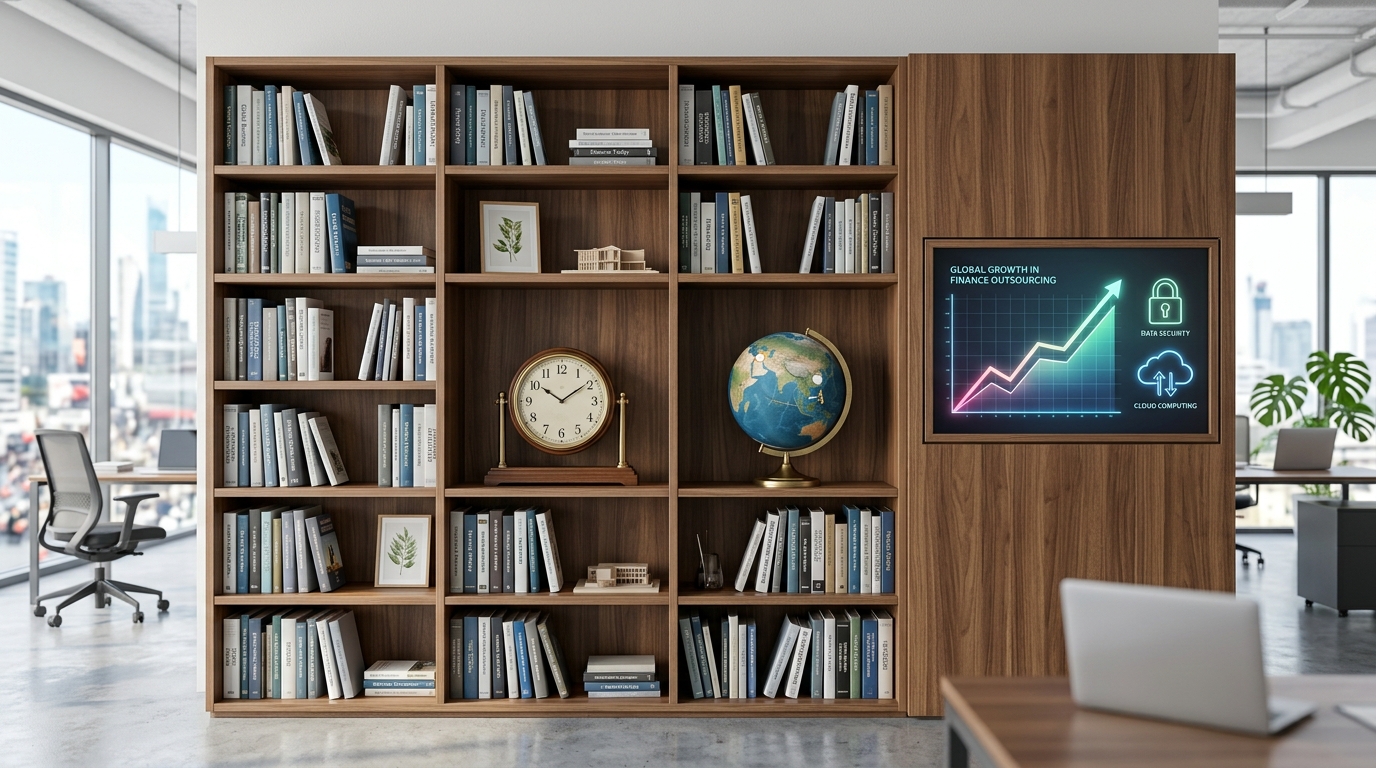 גרף המציג צמיחה עולמית במיקור חוץ של שירותי כספים לצד אייקונים של אבטחת מידע ומחשוב ענן