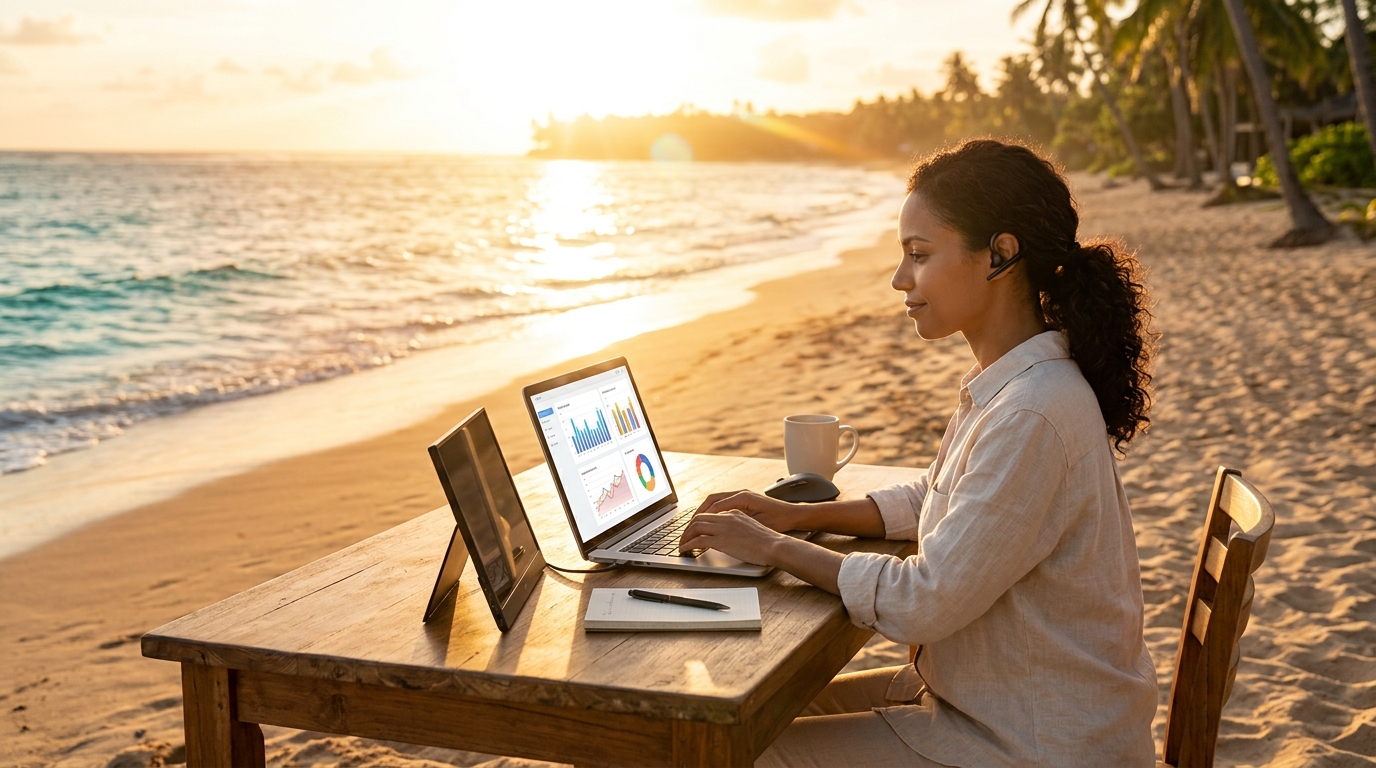 השוואה ויזואלית בין מנהל חשבונות בודד העמוס בניירת לבין צוות מרוחק העובד עם מערכות ענן ודאשבורדים דיגיטליים מתקדמים