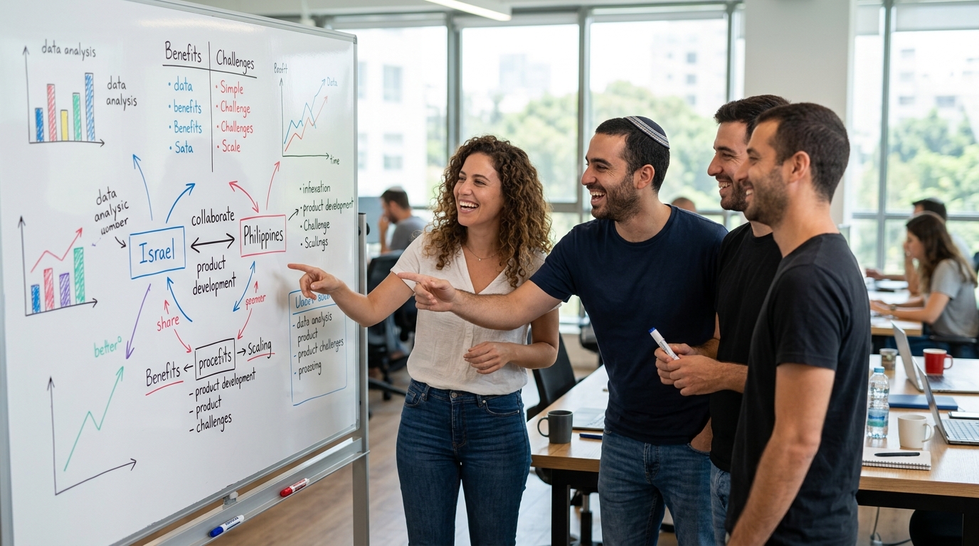 מנהלי פיתוח בסטארטאפ ישראלי בוחנים נתונים ומנתחים יתרונות וחסרונות של מיקור חוץ בהייטק