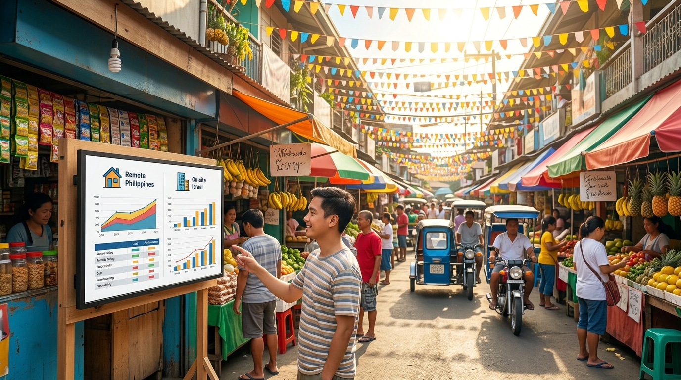השוואה עסקית בין מיקור חוץ לעובד שכיר עם טבלאות נתונים על גבי מסך
