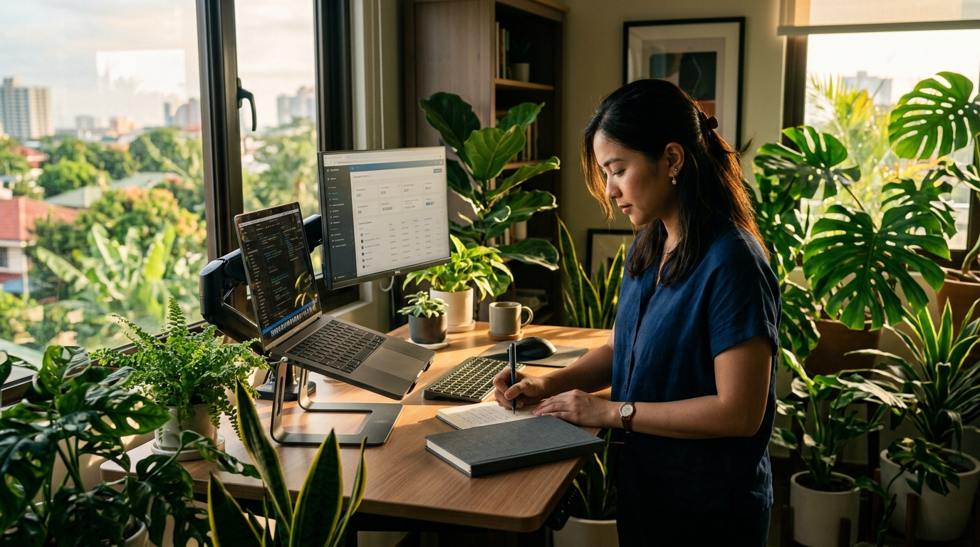 סביבת עבודה מודרנית ונקייה בפיליפינים, המציגה עובדים וירטואליים מקצועיים עם ציוד טכנולוגי מתקדם.