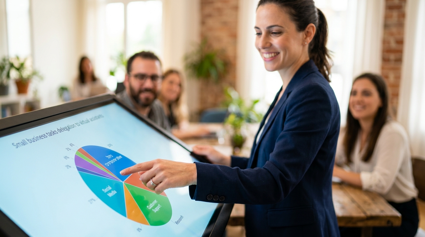 גרף עוגה המציג כיצד עסקים קטנים מחלקים את משימות העסק לעוזרים וירטואליים