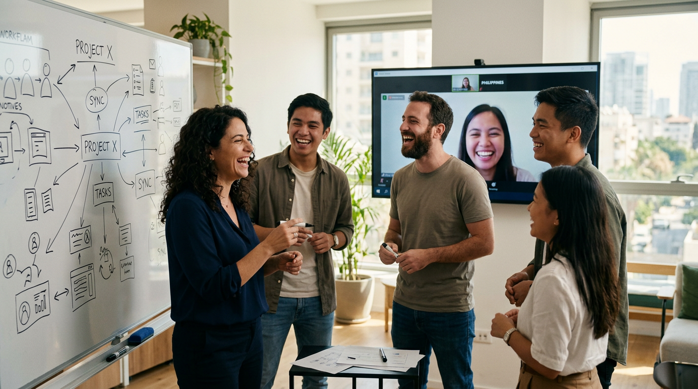 מנהלת ישראלית מקיימת פגישת וידאו חלקה עם צוות עובדים וירטואליים בפיליפינים